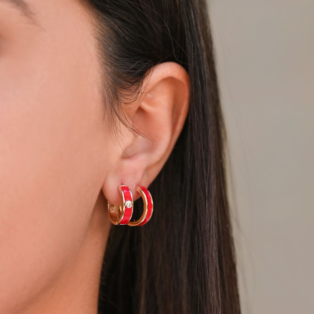 Sterling silver 925°. Red enamel hoops with CZ