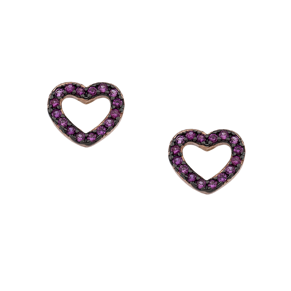 Σκουλαρίκια στικ σχέδιο καρδιά με πέτρες ζιργκόν από ροζ επιχρυσωμένο ασήμι 925°