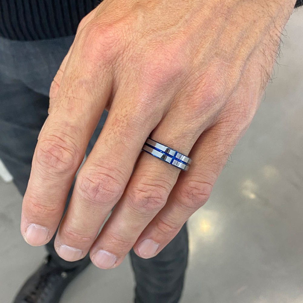 Tungsten and blue ip ring