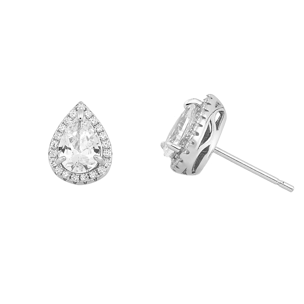 Sterling silver 925°. Teardrop studs with halo