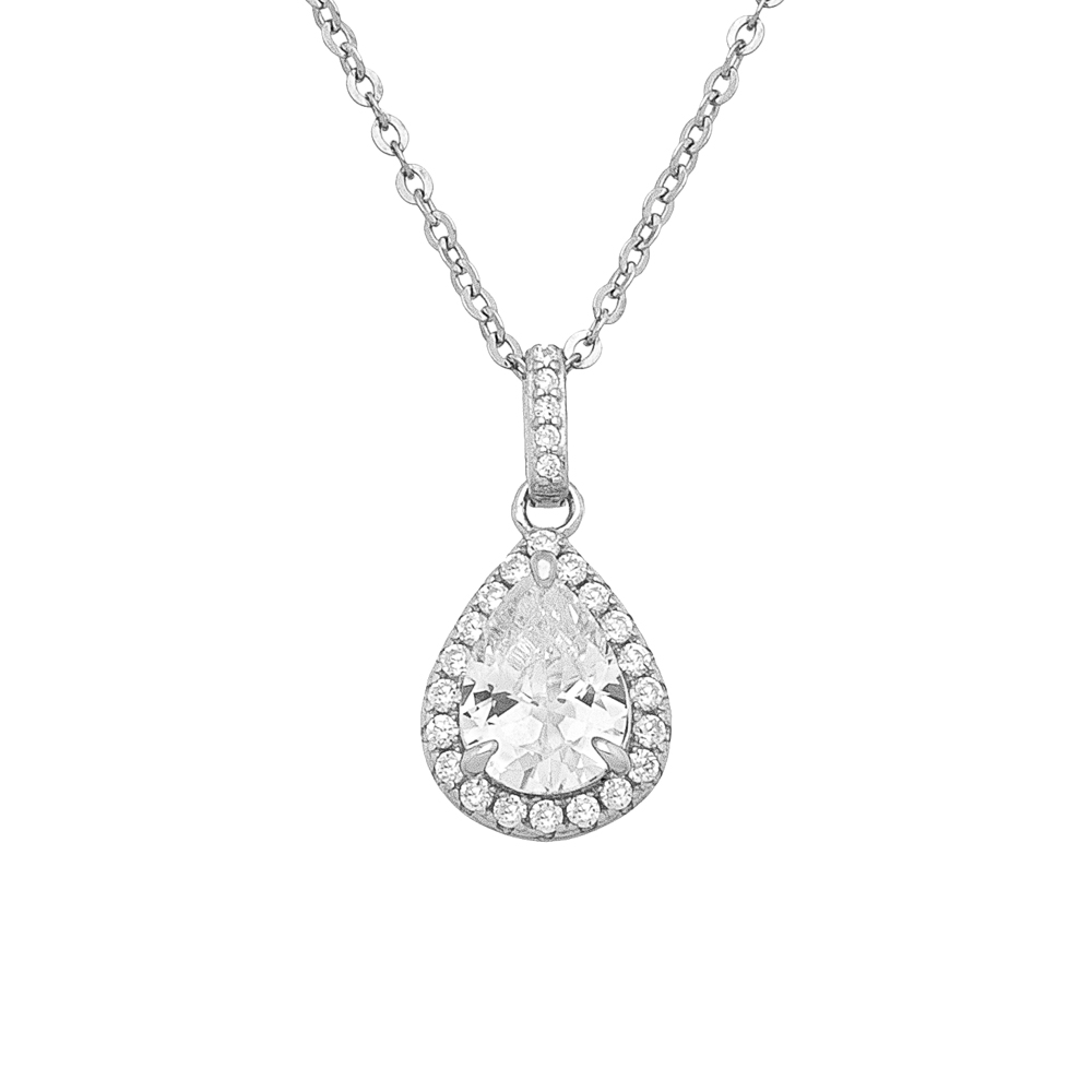 Sterling silver 925°. White drop pendant with halo