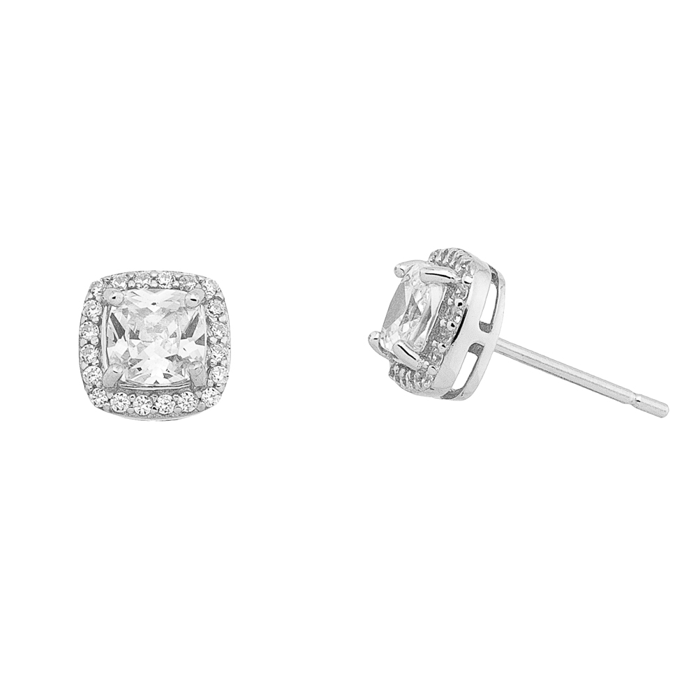 Sterling silver 925°. Square zirconia studs with halo