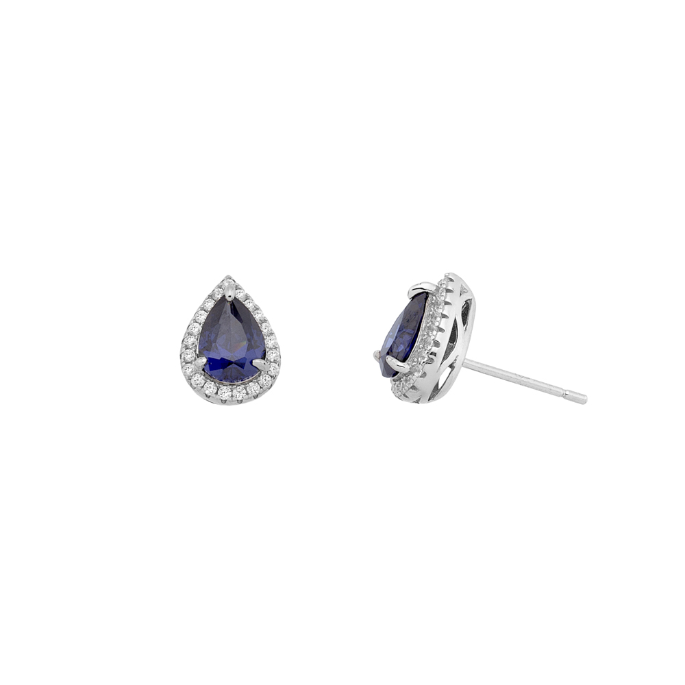 Sterling silver 925°. Teardrop blue studs with halo 