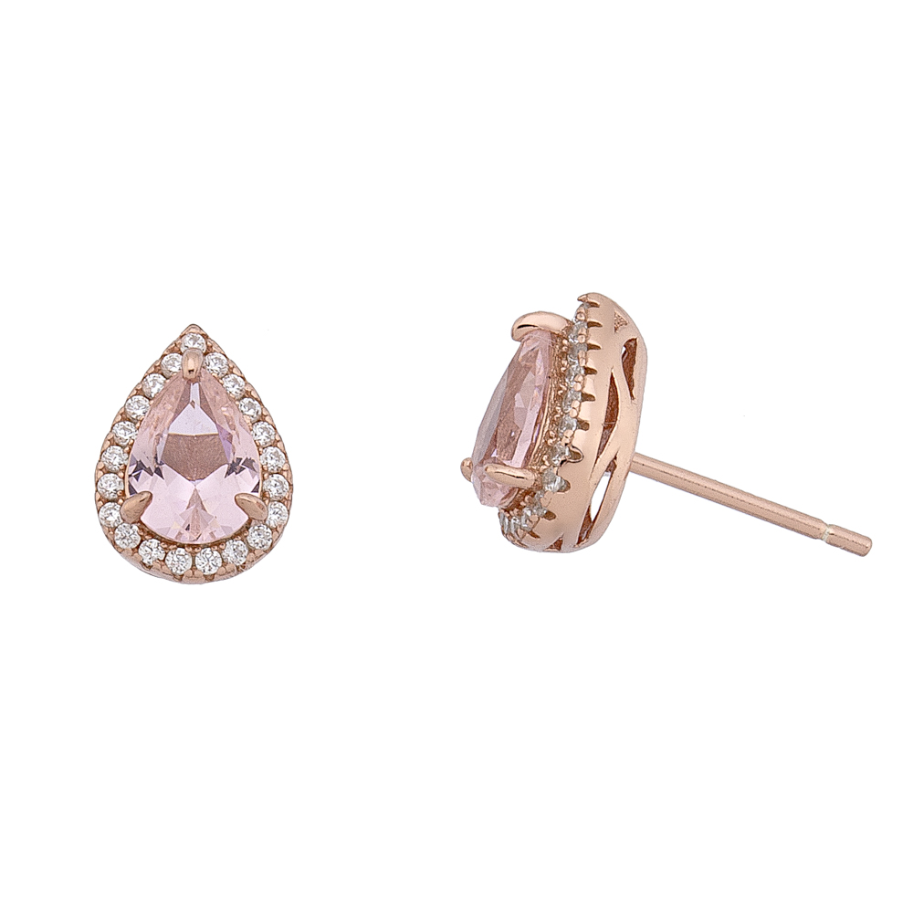 Sterling silver 925°. Pink teardrop studs with halo