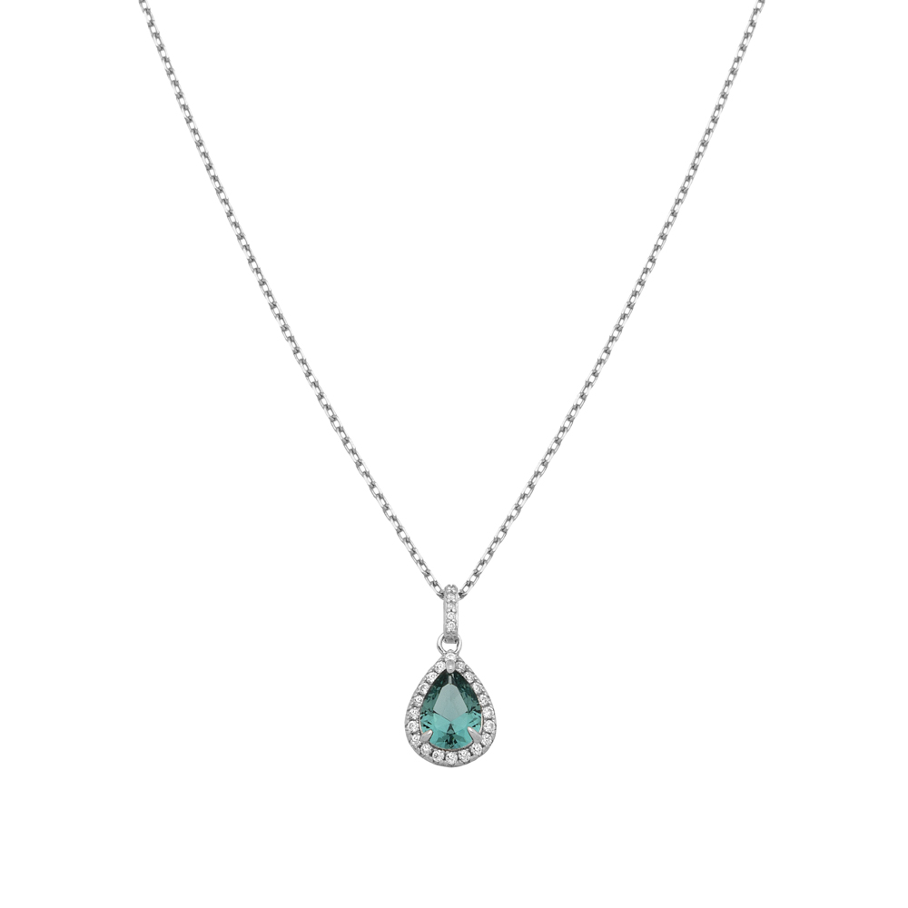 Sterling silver 925°. Teal teardrop pendant with halo