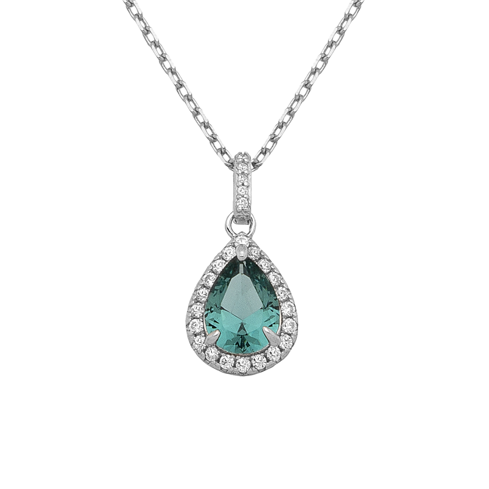 Sterling silver 925°. Teal teardrop pendant with halo