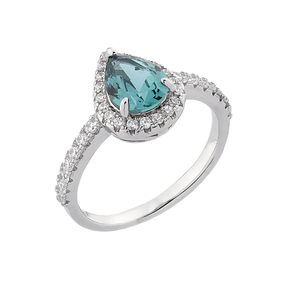 Sterling silver 925°. Teal teardrop ring with halo