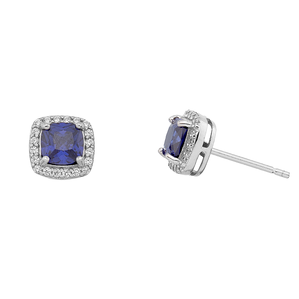 Sterling silver 925°. Blue square studs with halo