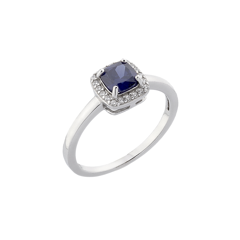 Sterling silver 925°. Square blue ring with halo 