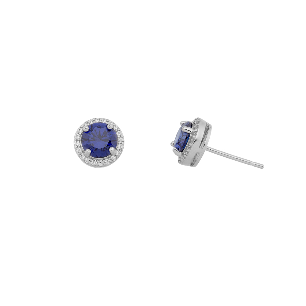 Sterling silver 925°. Round blue studs with halo