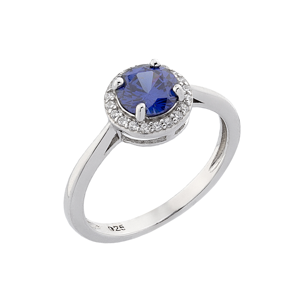 Δαχτυλίδι ροζέτα με μπλε ζιργκόν από επιπλατινωμένο ασήμι 925°