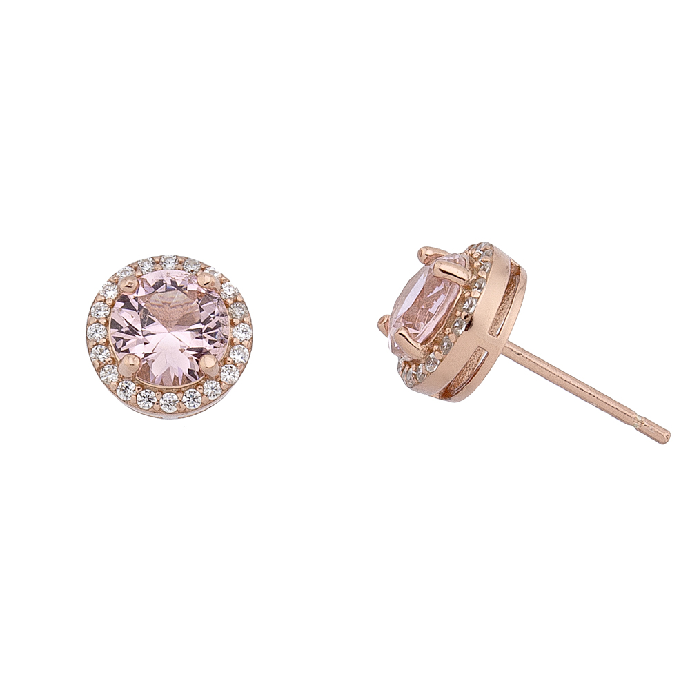 Sterling silver 925°. Round pink studs with halo