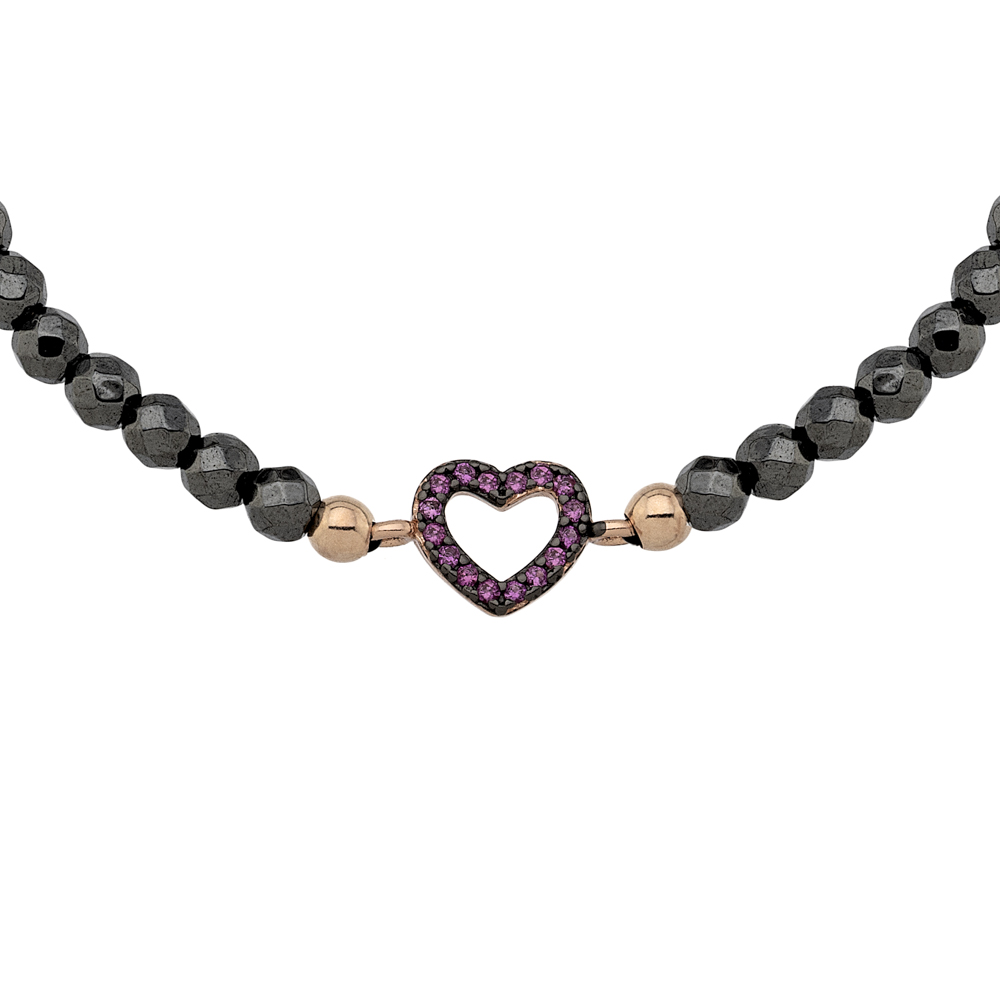 Sterling silver 925°. Easy-fit hematite & heart bracelet with CZ