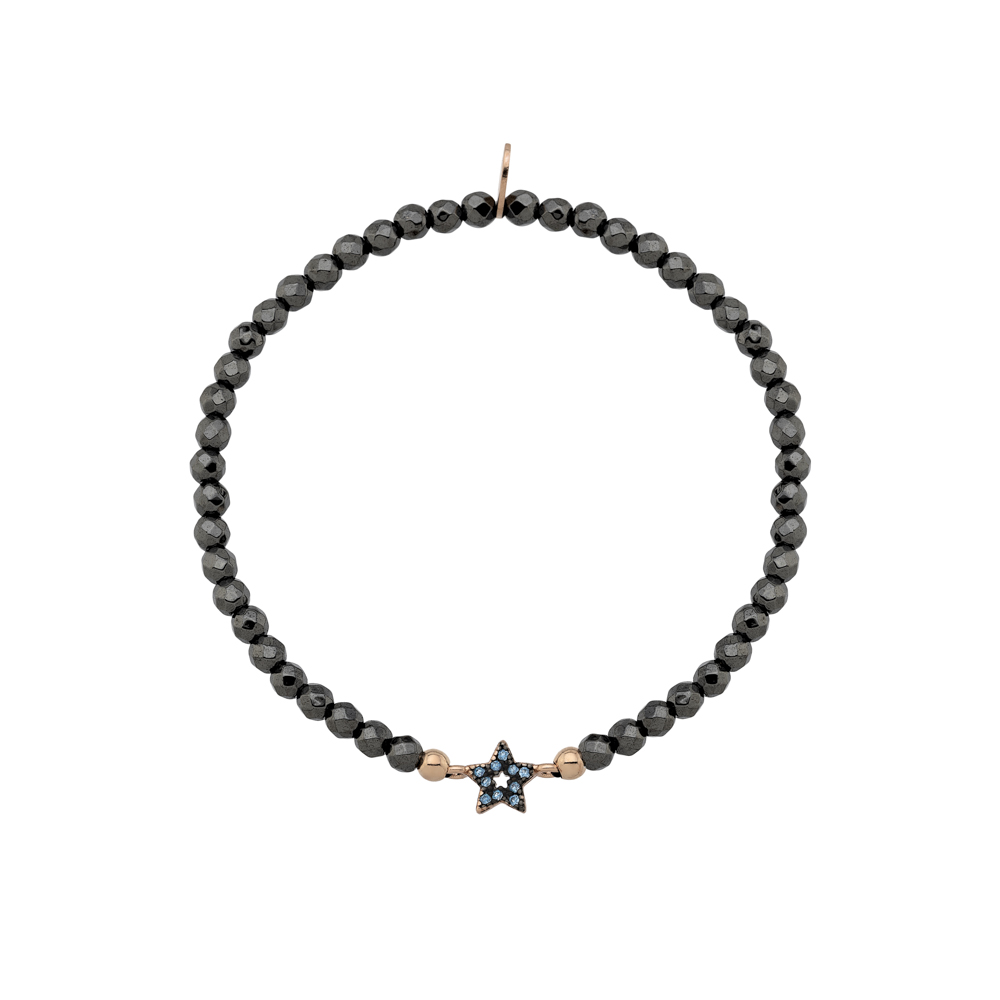 Sterling silver 925°. Easy-fit hematite & star bracelet with CZ
