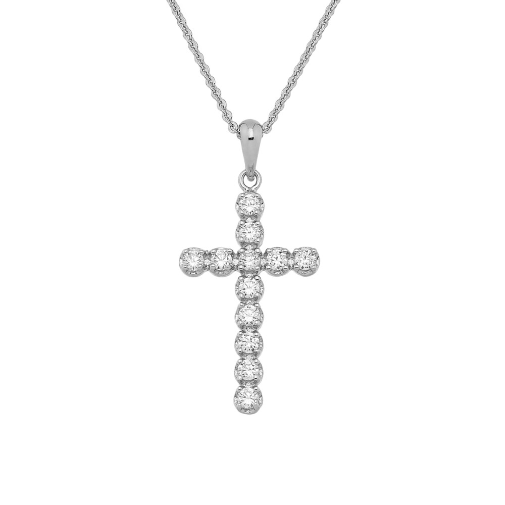 Κολιέ με σταυρό με λευκές πέτρες ζιργκόν από επιπλατινωμένο ασήμι 925.