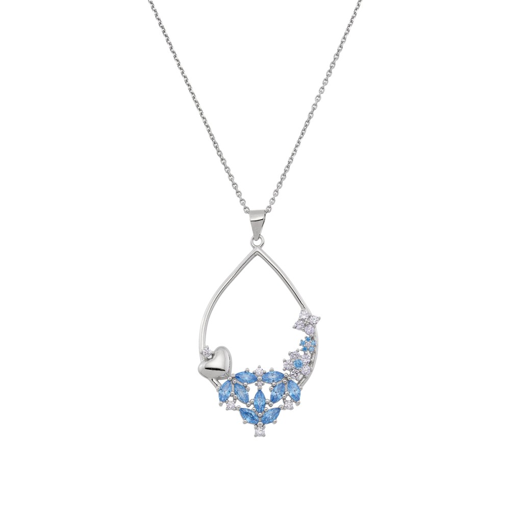 Sterling silver 925°. Open teardrop pendant with CZ flowers