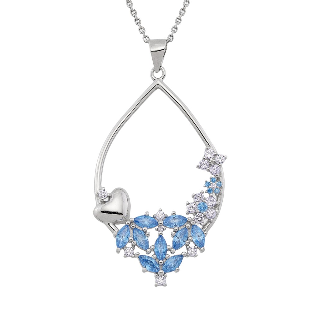 Sterling silver 925°. Open teardrop pendant with CZ flowers