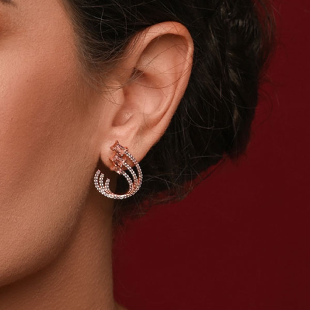 Sterling silver 925°. Triple curve drop earrings with CZ