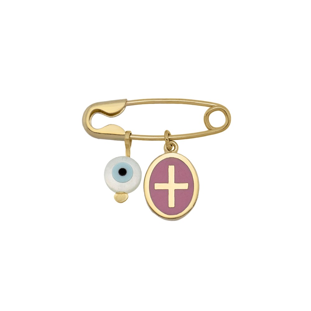 Gold 9ct. Baby safety pin with charms