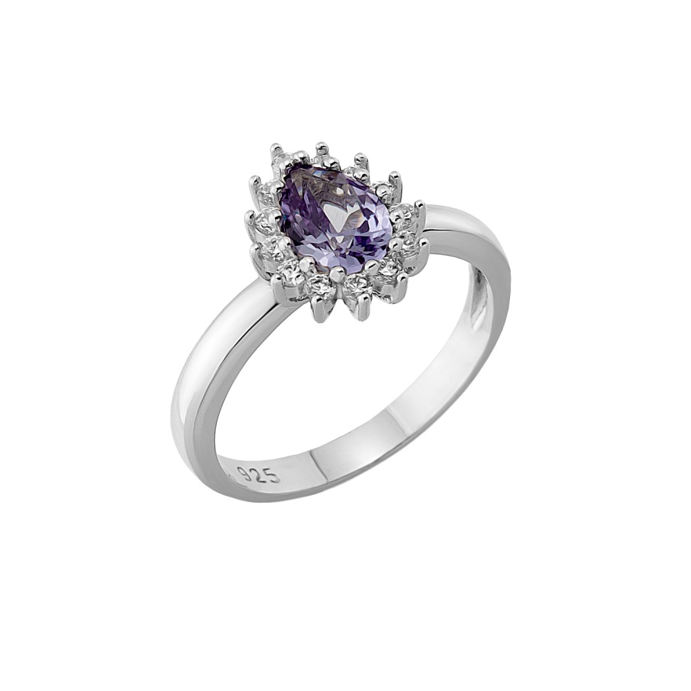 Sterling silver 925°. Starburst teardrop ring with CZ