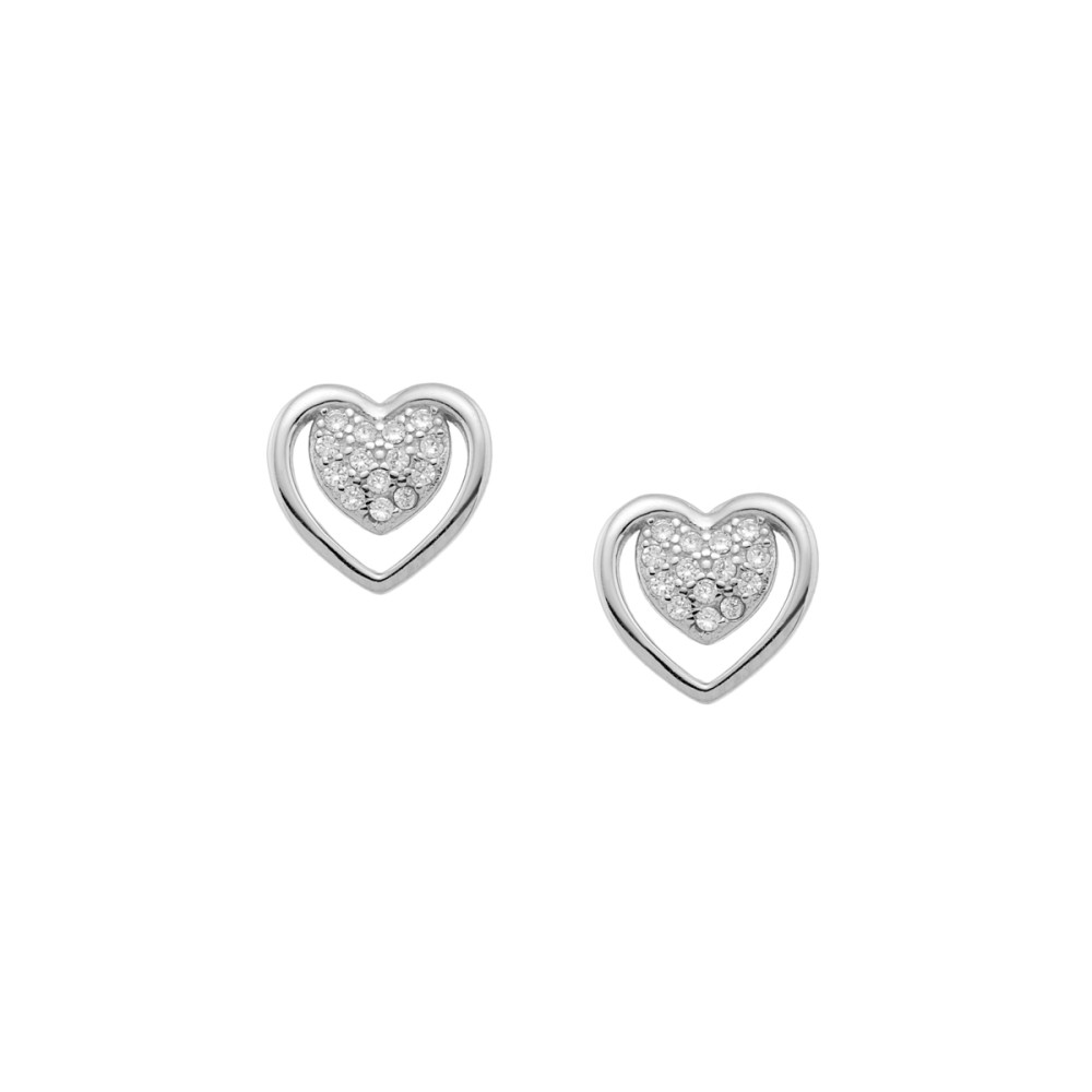 Sterling silver 925°. Double heart studs with CZ