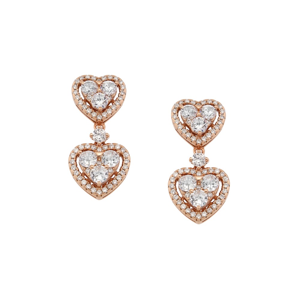 Sterling silver 925°. Double heart drop earrings with CZ 