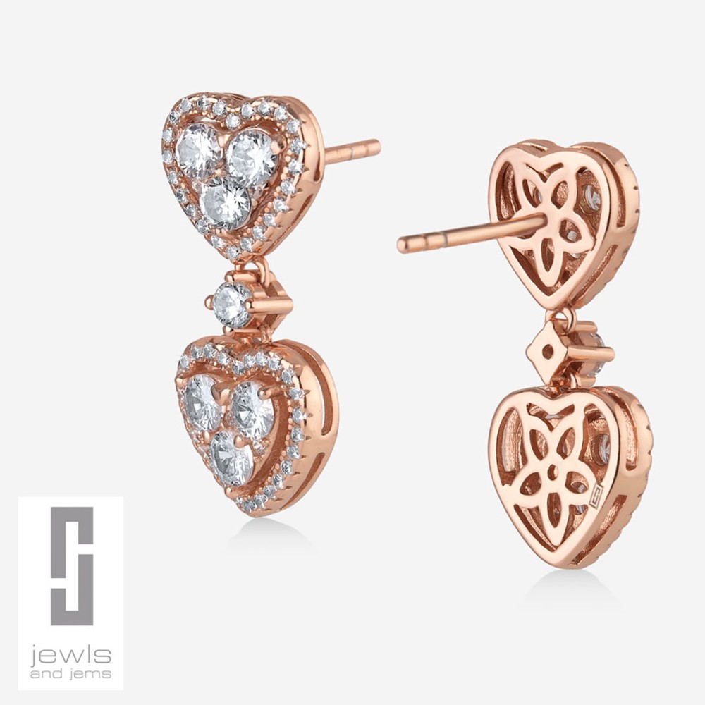Sterling silver 925°. Double heart drop earrings with CZ