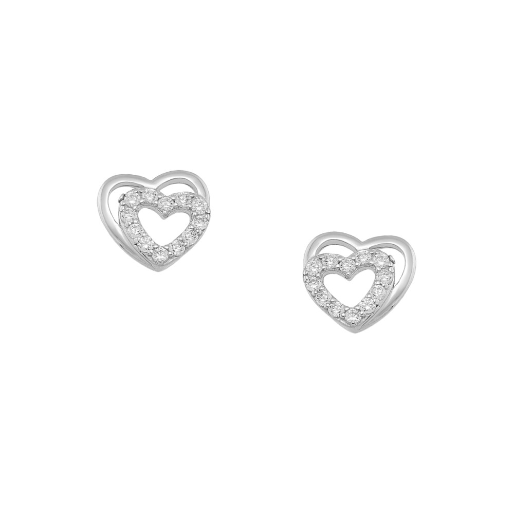 Sterling silver 925°. Double heart studs with CZ