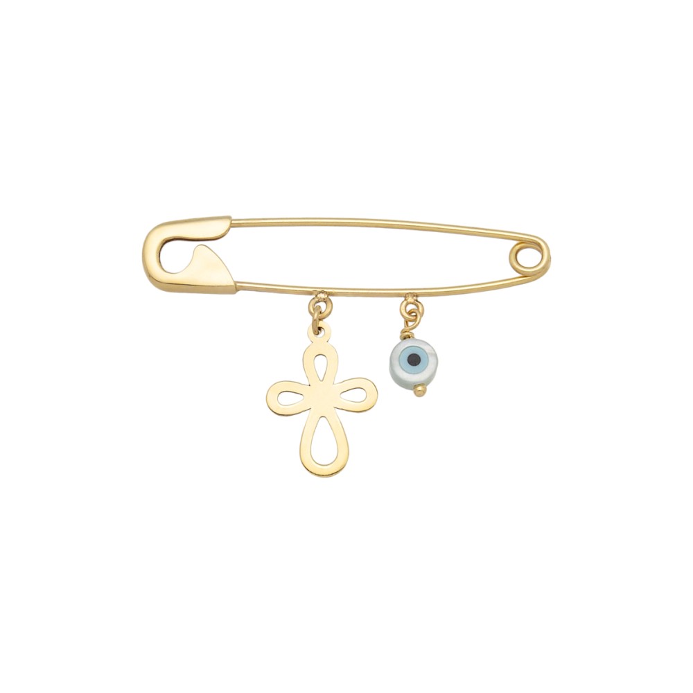 Gold 9ct. Safety pin with cross & mati