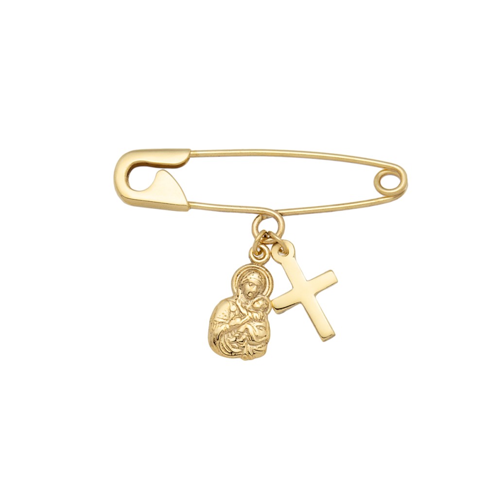 Gold 9ct. Safety pin with cross & icon