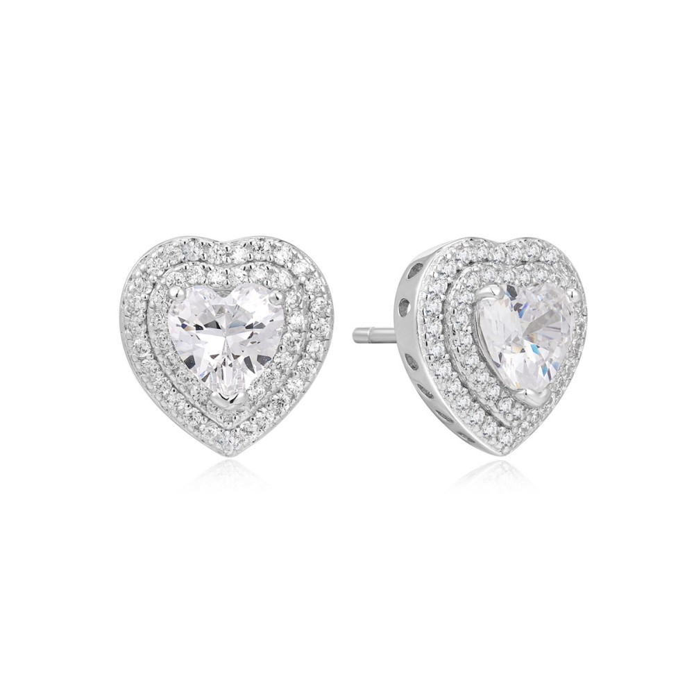 Sterling silver 925°. Heart studs with halo and CZ