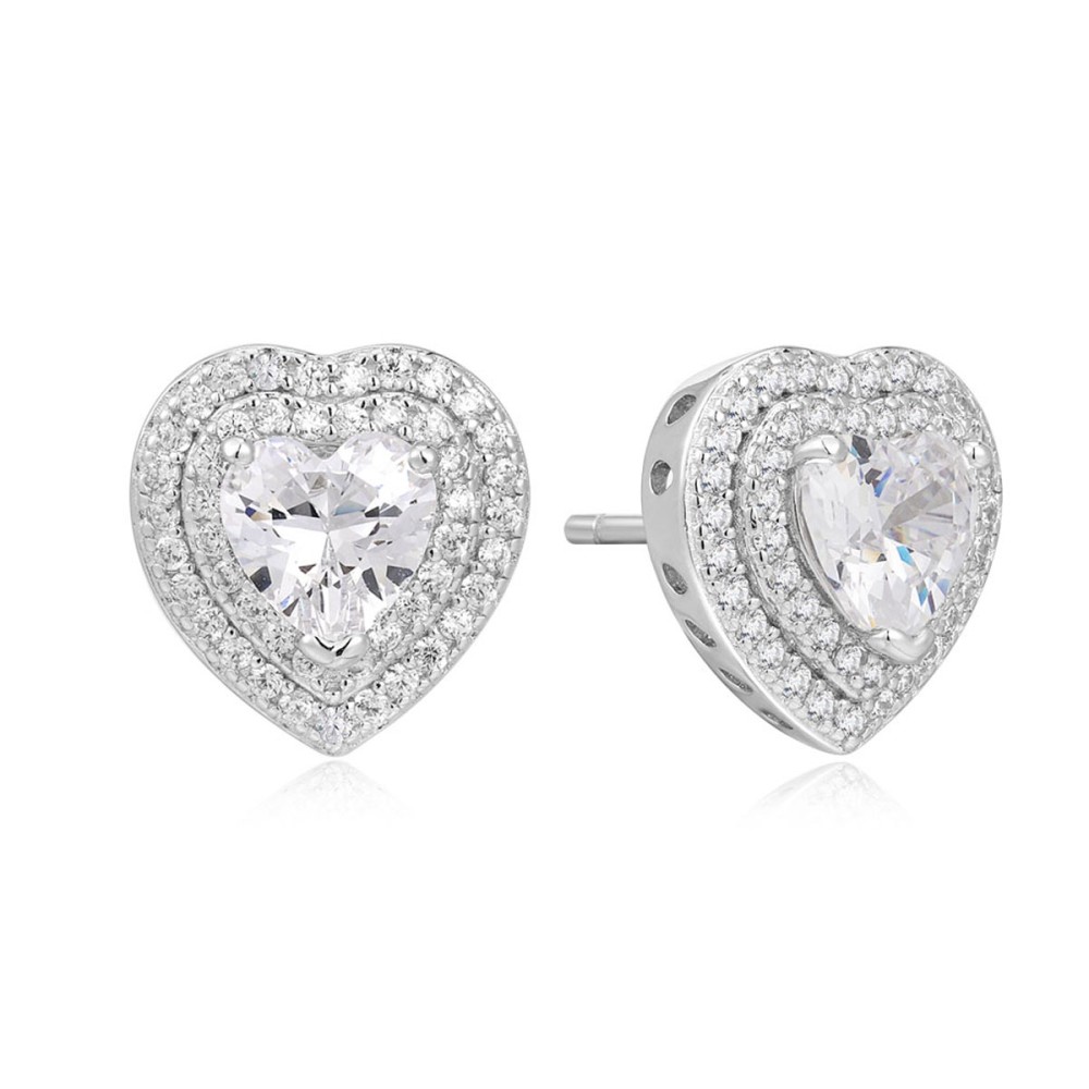 Sterling silver 925°. Heart studs with halo and CZ