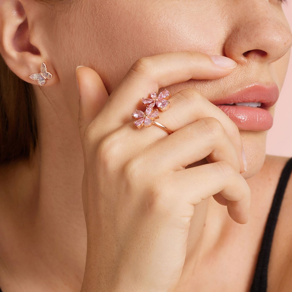 Δαχτυλίδι λουλούδι με ζιργκόν από ροζ επιχρυσωμένο ασήμι 925°
