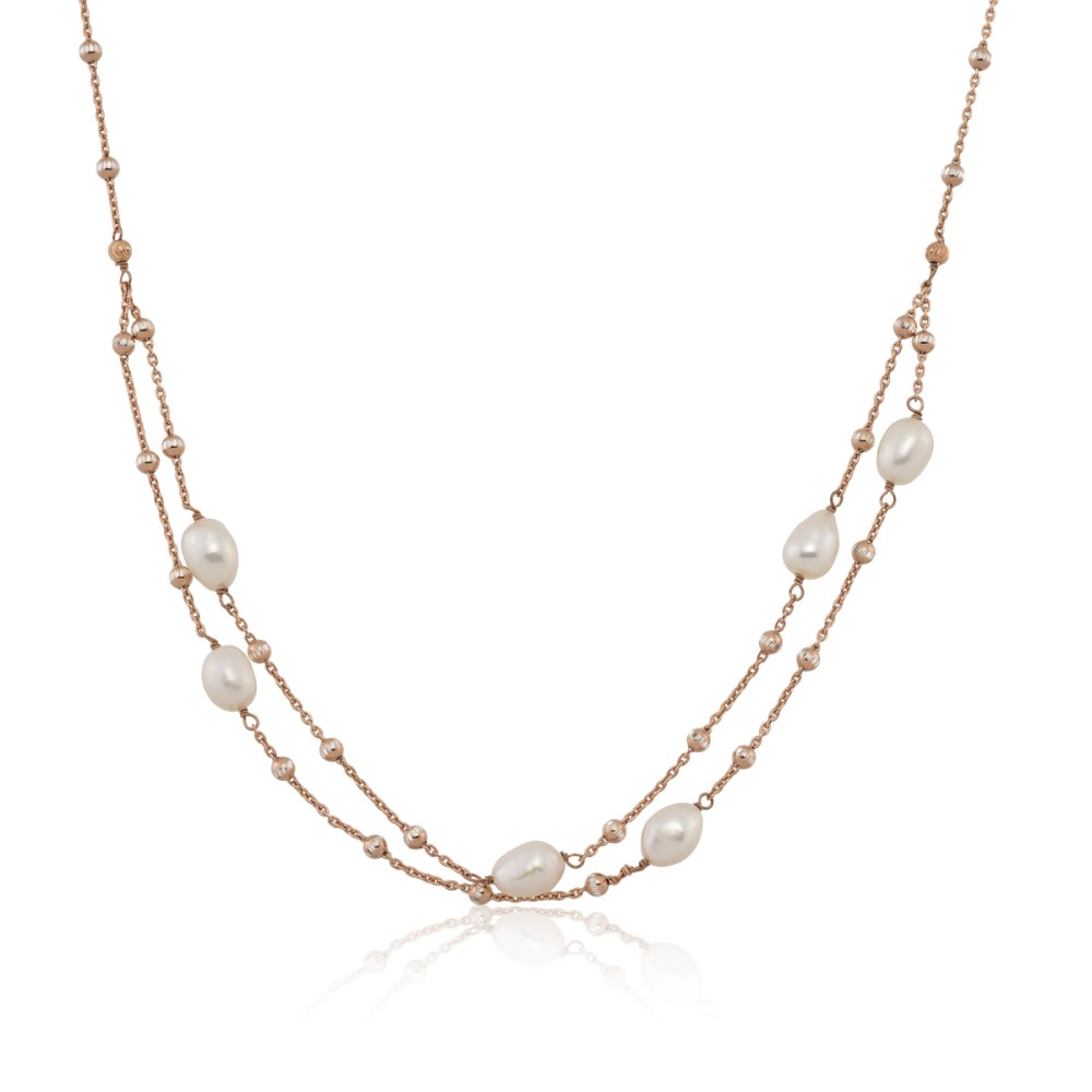 Sterling silver 925°. Double chain pearl and bead necklace.