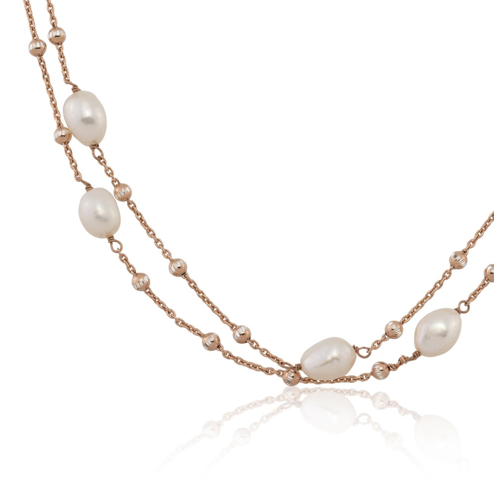 Sterling silver 925°. Double chain pearl and bead necklace.