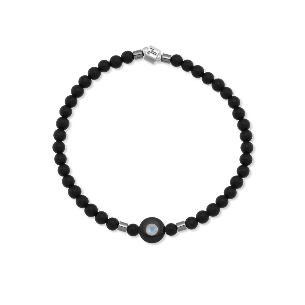 Sterling silver 925°.  Onyx bead bracelet with Mati