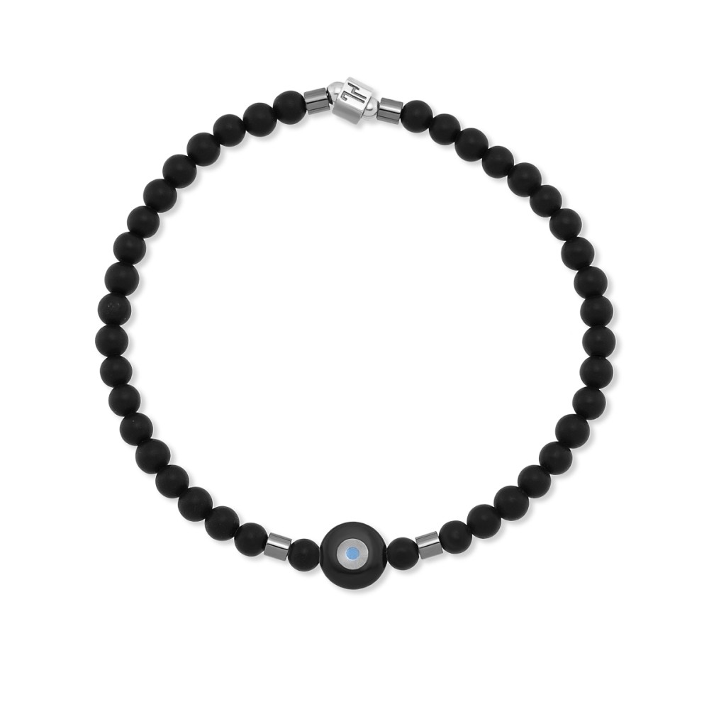 Sterling silver 925°.  Onyx bead bracelet with Mati