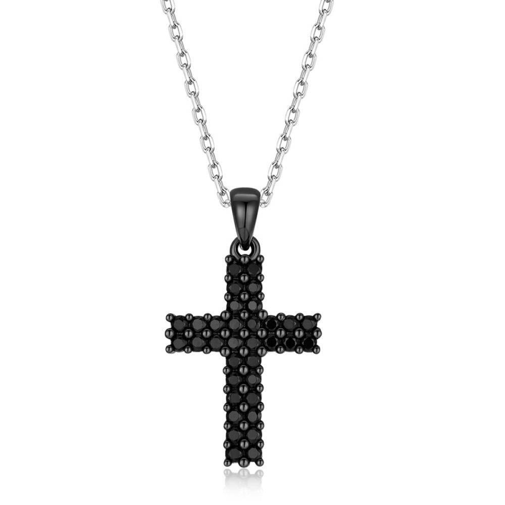 Σταυρός με αλυσίδα και πέτρες ζιργκόν από μαύρο επιπλατινωμένο ασήμι 925.